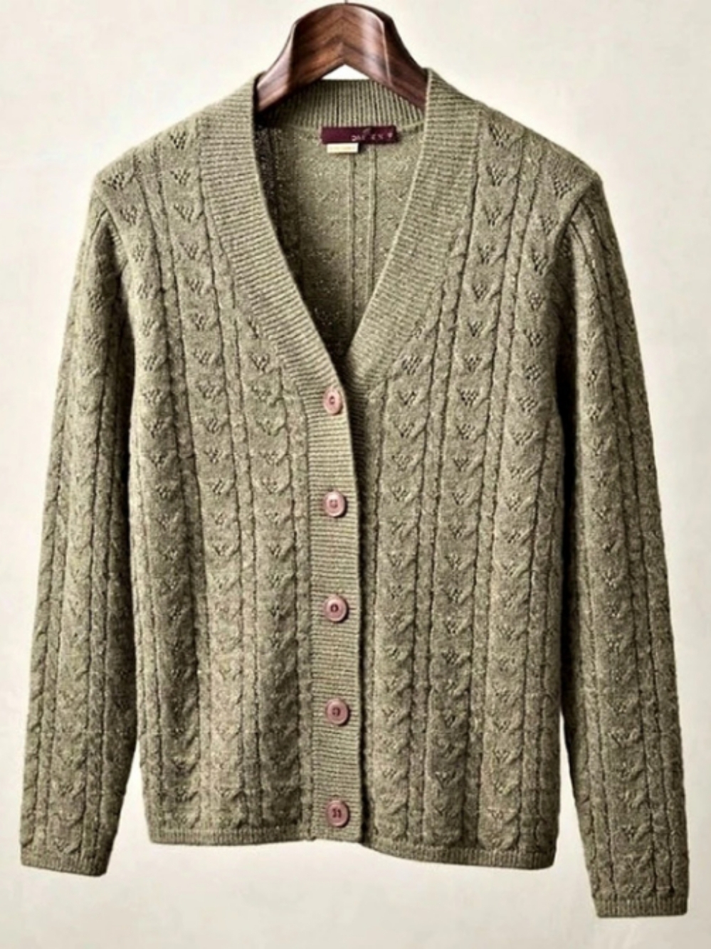 VTG Premium Wool Cable Knit Cardigan Green/Beige (Sz M) Grandmacore Fall Layer